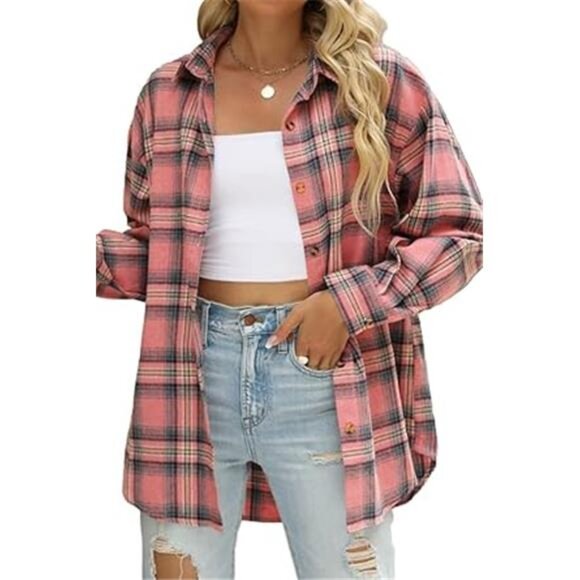 Womens Button Down Flannel Shirts Long Sleeve Plaid Shackets Business - Picture 7 of 7